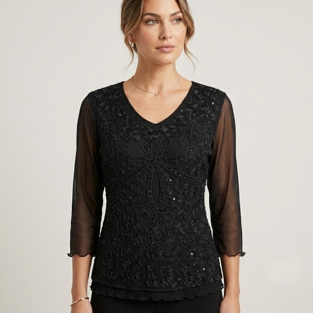 Laura Petites Beaded Sequin‎ Mesh Top Womens XL Black Evening Formal Blouse Goth